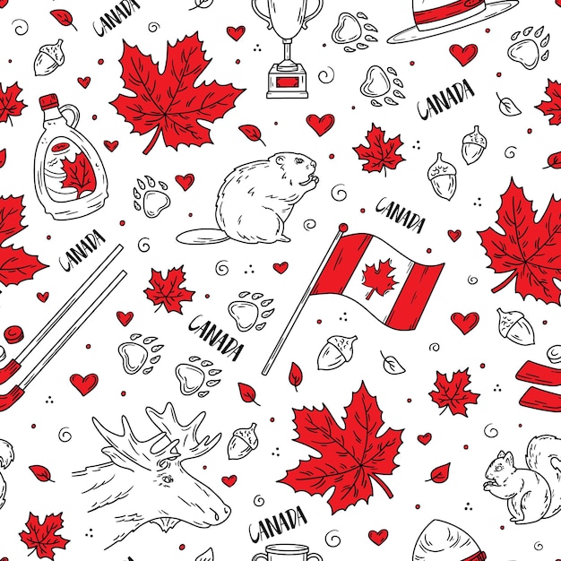 Vetor dia nacional do canadá padrão sem emenda com símbolos tradicionais no estilo doodle