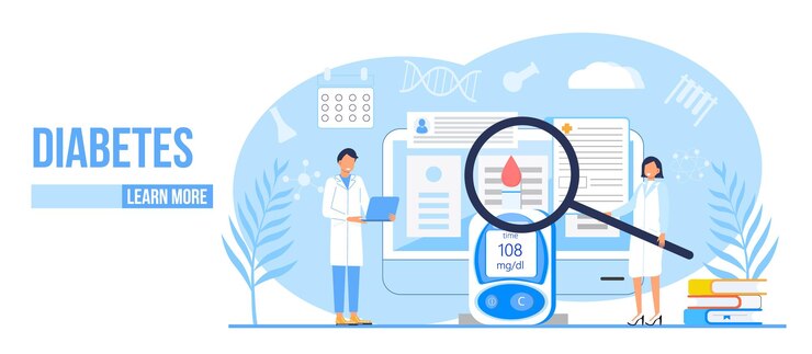 Vetor diabetes mellitus tipo 2 diabetes e conceito de produção de insulina vetor landing page com lupa e medidor de teste de glicose no sangue médicos minúsculos tratam o paciente aplicação de glicosímetro
