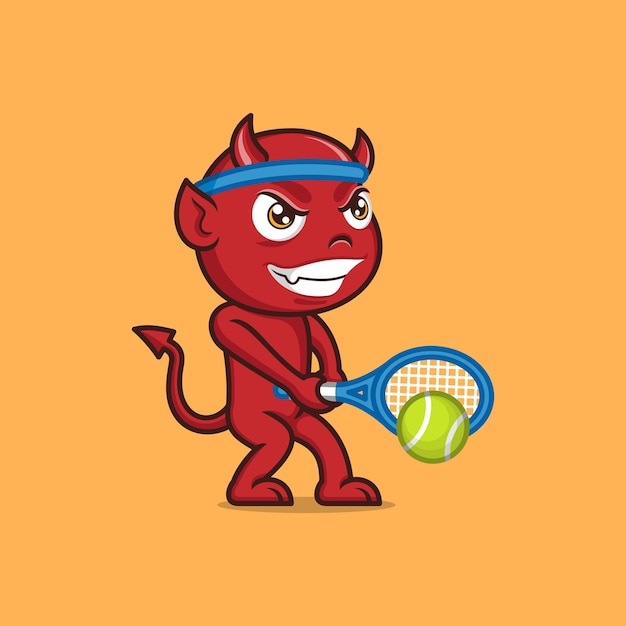 Diabo bonito dos desenhos animados jogando tênis