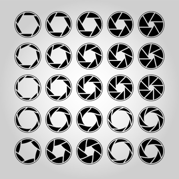 Vetor diafragma da lente da câmera. pictograma de abertura do obturador, lentes ópticas. coleção de lentes de fotos ou câmeras de vídeo com diferentes posições de pétalas. contorno da coleção isolada do vetor da silhueta