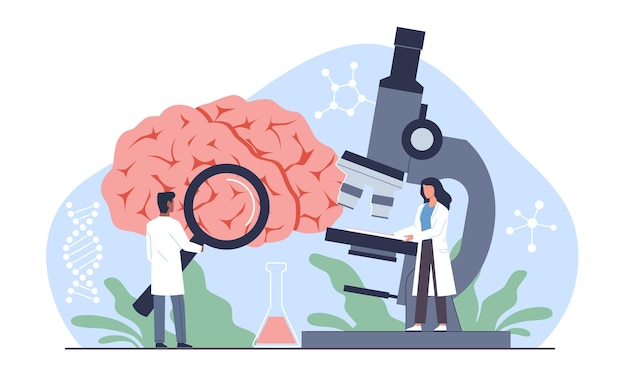 Diagnósticos e pesquisas cerebrais médicos examinam e consultam analisam a função cerebral Neurologia e psicologia Doença de Alzheimer e demência Conceito de vetor isolado plano de desenho animado