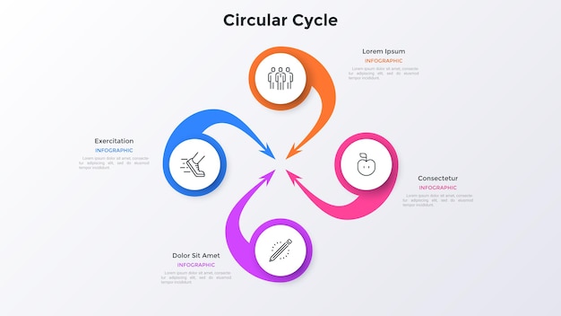 Diagrama cíclico com 4 elementos semelhantes a setas espirais coloridas. conceito de quatro etapas do ciclo de negócios. modelo de design moderno infográfico. ilustração em vetor simples para análise de informações de negócios.