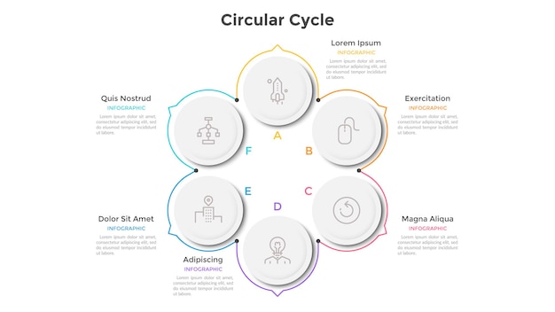 Diagrama cíclico com 6 elementos redondos brancos de papel e setas ou ponteiros. conceito de seis fases do ciclo de negócios. modelo de design do infográfico. ilustração vetorial moderna para visualização de dados.