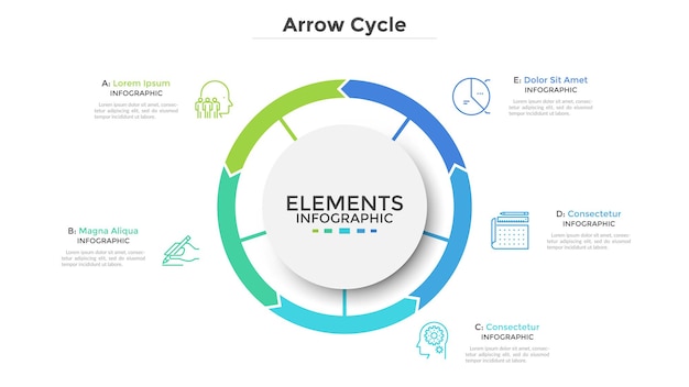 Diagrama circular dividido em 5 partes coloridas em forma de seta. Conceito de cinco etapas do processo cíclico. Modelo de design simples infográfico. Ilustração em vetor plana para visualização de dados de negócios.