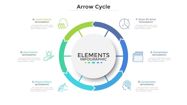 Diagrama circular dividido em 6 partes coloridas em forma de seta. Conceito de seis etapas do processo cíclico. Modelo de design simples infográfico. Ilustração em vetor plana para visualização de dados de negócios.