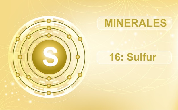 Vetor diagrama de casca de elétrons para o mineral e macroelemento s enxofre o 16º elemento da tabela periódica de elementos resumo de fundo verde cartaz de informações ilustração vetorial