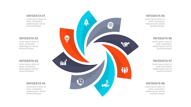 Vetor diagrama de ciclo infográfico moderno modelo de design infográfico com 8 opções etapas ou partes