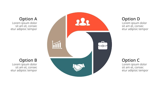 Diagrama de círculo modelo de apresentação de infográfico de vetor gráfico 4 opções de etapas