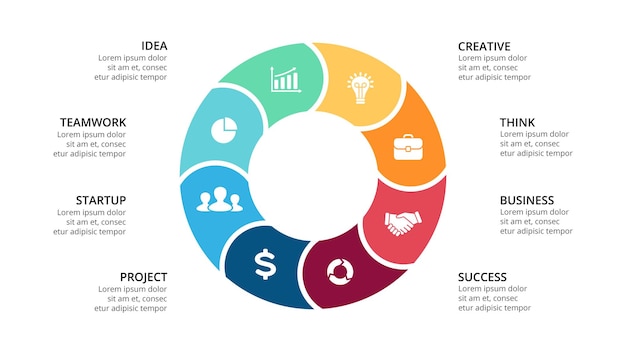 Diagrama de círculo Modelo de apresentação de infográfico de vetor Gráfico 8 opções de etapas