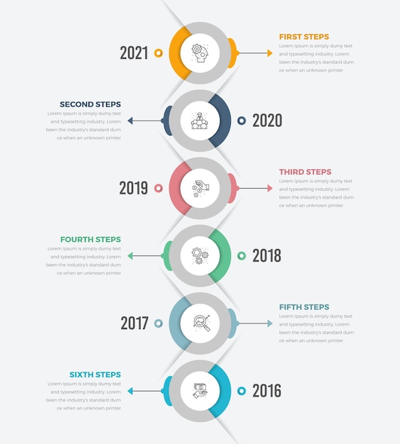 Diagrama de cronograma de infográficos de círculo vertical com ícone de seis etapas