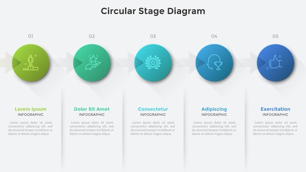 Diagrama de estágio circular com cinco elementos redondos conectados por setas. modelo de design criativo infográfico. conceito de 5 etapas de desenvolvimento de projetos empresariais. ilustração vetorial para barra de progresso.