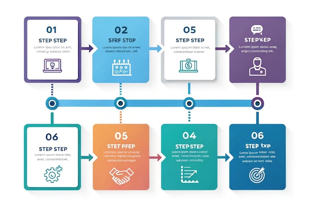 Diagrama de fluxo do processo de 6 etapas com ícones e caminhos