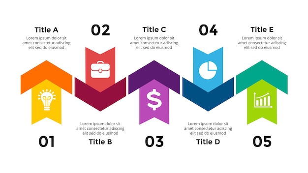 Diagrama de linha do tempo de setas modelo de slide de apresentação de infográfico vetorial gráfico 5 partes de etapas