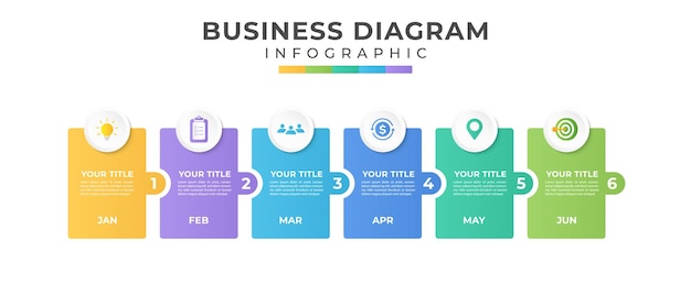 Vetor diagrama de linha do tempo moderno de 6 etapas com roteiro e gráficos de tópicos retangulares