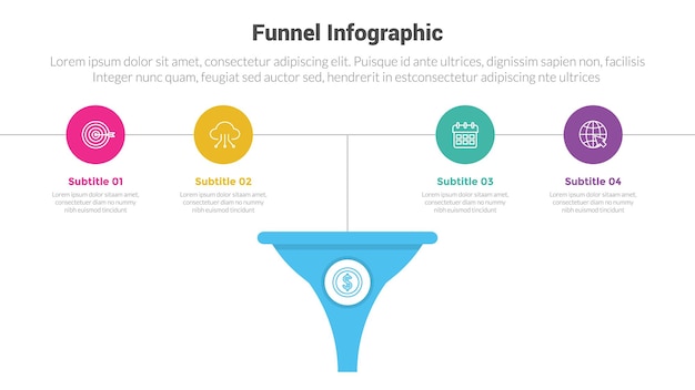 Diagrama de modelo de infografia de forma de funil com funis e difusão insira ícone de círculo e projeto criativo de passo de 4 pontos para apresentação de slides vetorial