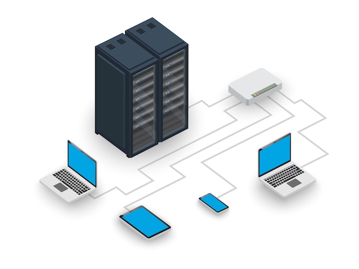 Vetor diagrama de rede de computadores computação em nuvem big data server rack