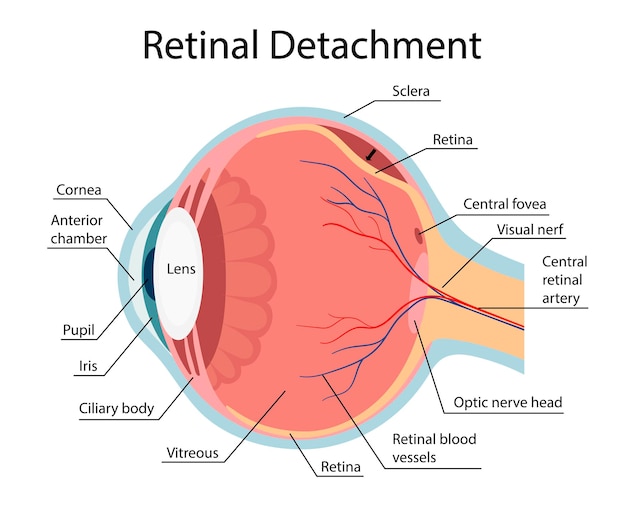 Diagrama de vetor de descolamento de retina, diagrama anatômico. estilo de desenho vetorial