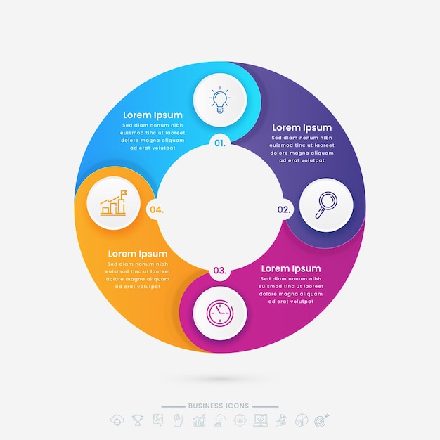 Diagrama infográfico circular com ícones de negócios e 4 opções pode ser usado como apresentação de fluxo de trabalho