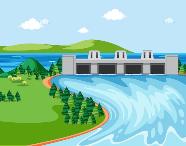 Vetor diagrama mostrando a represa e o rio