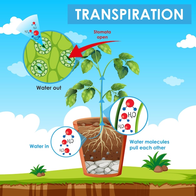 Vetor diagrama mostrando a transpiração na planta