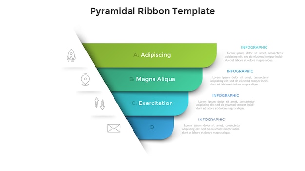 Diagrama piramidal com quatro elementos de fita de papel colorido. conceito de 4 opções de negócios à sua escolha. modelo de design criativo infográfico. ilustração em vetor realista para menu de site, banner.