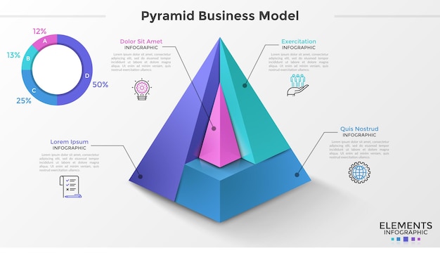 Diagrama piramidal em corte 3d dividido em 4 partes, símbolos de linha fina, indicação de porcentagem. conceito de modelo de negócios da pirâmide. modelo de design do infográfico. ilustração vetorial para apresentação.