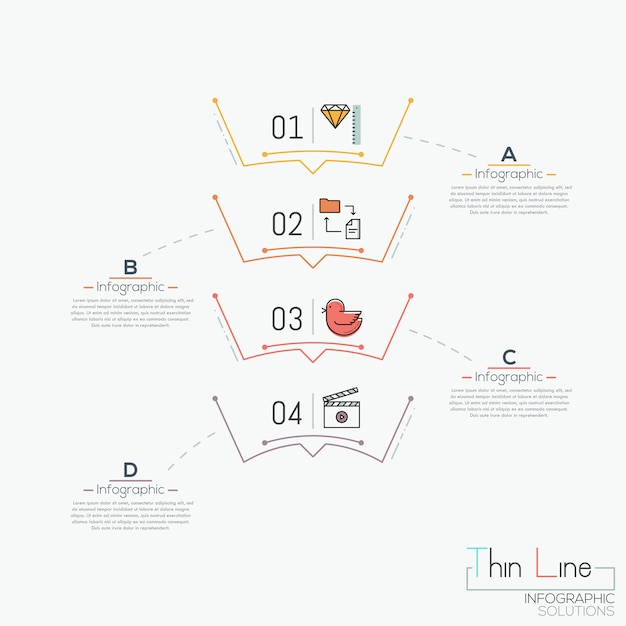 Diagrama vertical, 4 elementos numerados com pictogramas