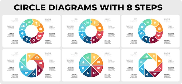 Vetor diagramas circulares infográficos com 8 etapas e opções gráficos de ciclos