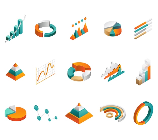 Diagramas gráficos 3D gráficos de pizza e elementos isométricos para infográficos de negócios