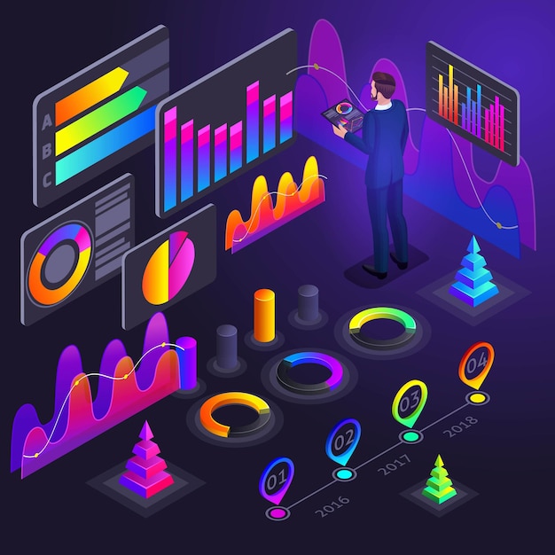 Vetor diagramas holográficos isométricos gráficos análise financeira na ilustração brilhante da tela do smartphone