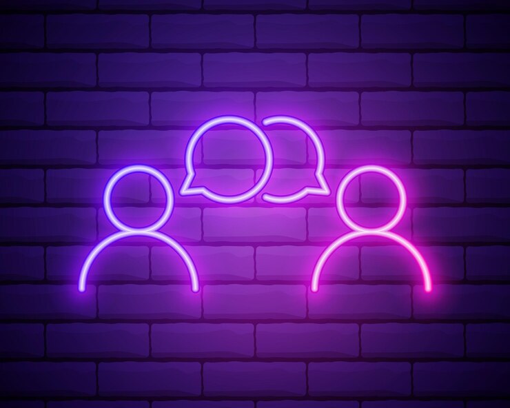 Diálogo do ícone de pessoas Elementos de entrevista em ícones de estilo neon Ícone simples para sites web design gráficos de informações de aplicativos móveis isolados na parede de tijolos