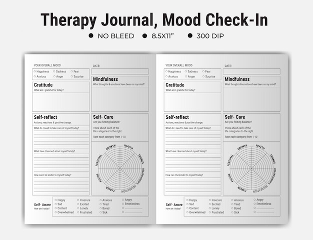 Vetor diário de terapia e diário de verificação de humor ou planejador de caderno