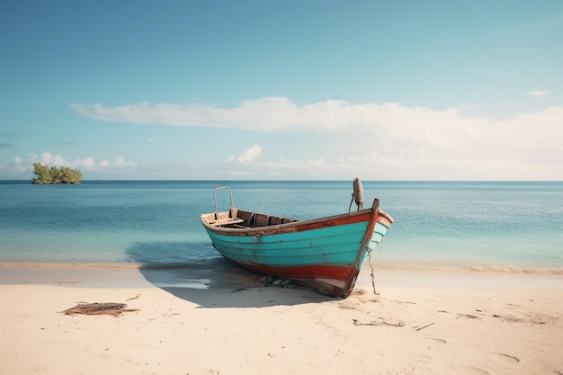 Vetor dias preguiçosos nas maldivas velho barco de madeira na superfície da água perto da praia de areia mar turquesa perfeito