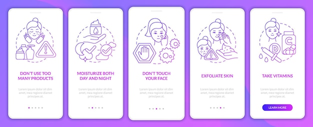 Dicas de cuidados com a pele tela de aplicativo móvel de integração de gradiente roxo passo a passo de tratamento 5 etapas páginas de instruções gráficas com conceitos lineares ui ux modelo de gui myriad probold fontes regulares usadas