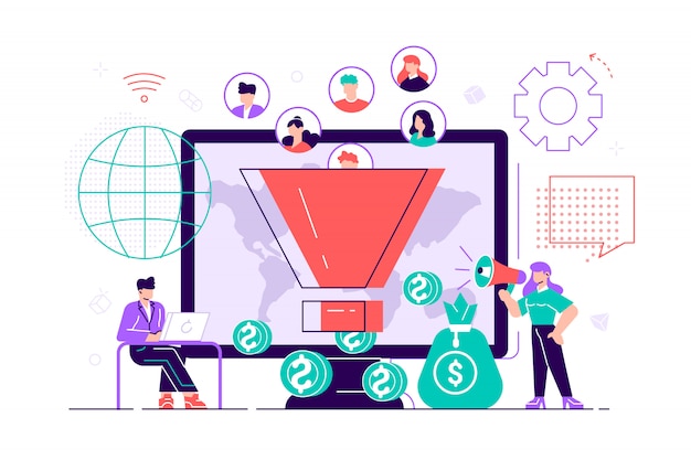 Dicas de monetização. Estratégia crescente de taxas de conversão. Atrair seguidores. Gerando novos leads, identifique seus clientes, conceito de estratégias SMM. Ilustração isolada violeta vibrante brilhante