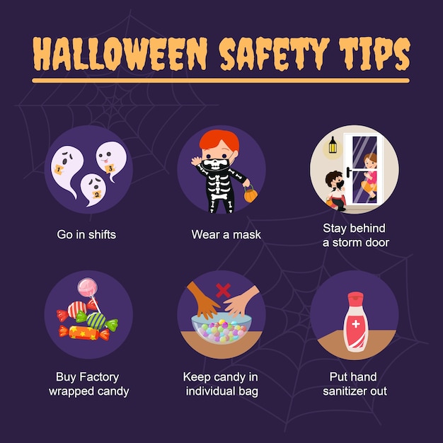 Dicas de segurança para o halloween durante a pandemia do vírus corona. modelo de postagem de mídia social de informações seguras. .