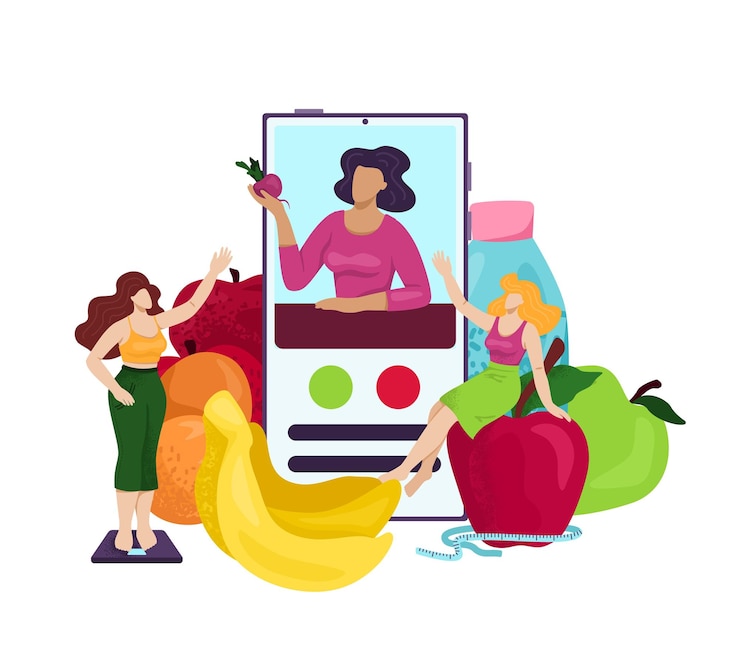 Vetor dieta nutricional na refeição de comida de aplicativo de smartphone para ilustração vetorial de aptidão saudável personagem de mulher usa assistente on-line f