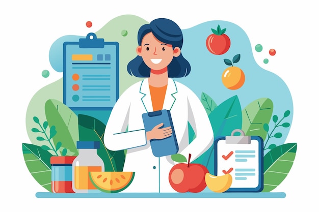 Dietista FlatStyle com gráficos nutricionais e suplementos dietéticos