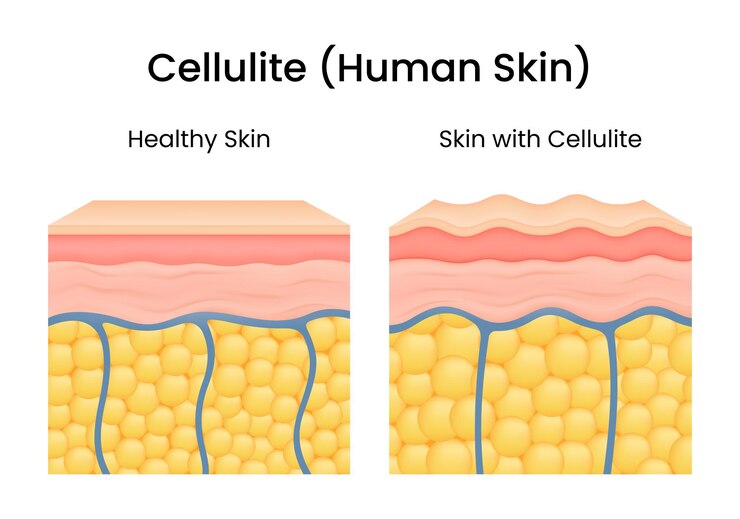 Vetor diferenças na estrutura da pele entre a pele saudável e a pele com celulite