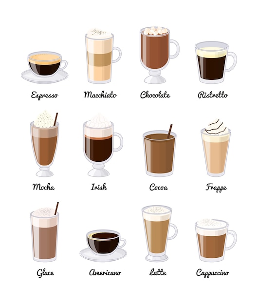 Diferentes bebidas de café isoladas em fundo branco