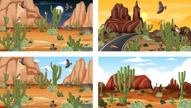 Diferentes cenas da floresta do deserto com animais e plantas