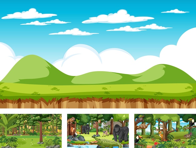 Diferentes cenas da natureza de floresta e floresta tropical com animais selvagens
