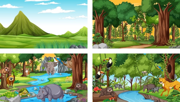 Diferentes cenas da natureza de floresta e floresta tropical com animais selvagens