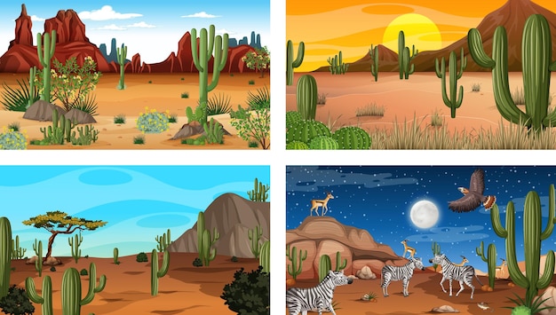 Vetor diferentes cenas da paisagem da floresta do deserto com animais e plantas