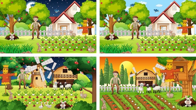 Diferentes cenas de fazenda com o velho fazendeiro e o personagem de desenho animado