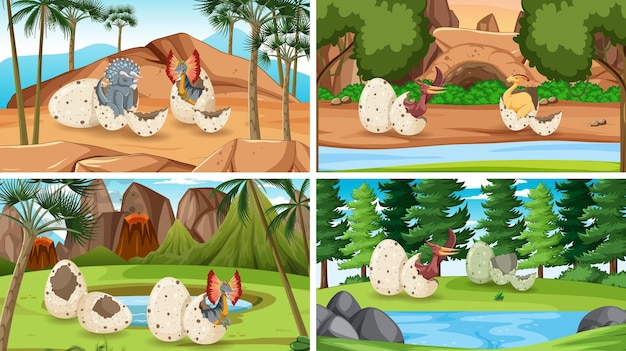 Diferentes cenas de floresta pré-histórica com desenho de dinossauro
