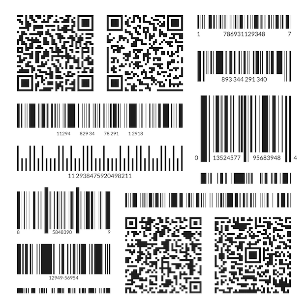 Diferentes códigos de barras pretos e códigos QR Set Vector