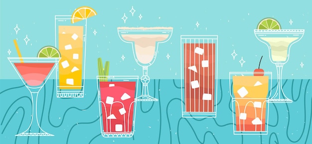 Vetor diferentes coquetéis na mesa. ilustração com bebida alcoólica. .decoração de paredes, estampas