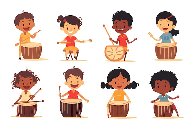 Vetor diferentes crianças tocando percussão