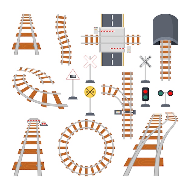 Diferentes elementos estruturais da ferrovia. coleção de vetores em estilo cartoon